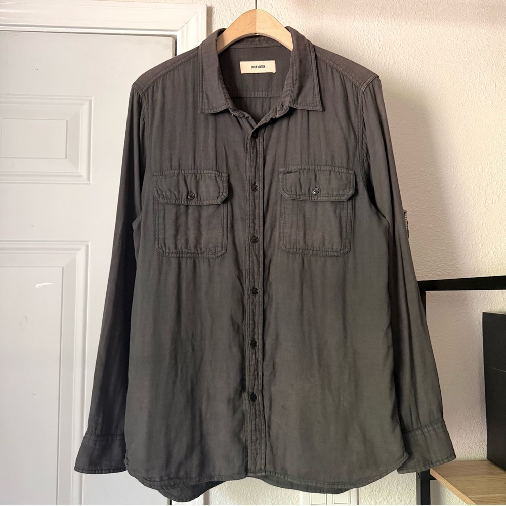 BUCK MASON dark grey‎ washed black cotton gauze button up shirt